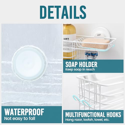 Image of TAILI Shower Caddy Suction Cup with Hooks, No Drill Shower Shelf, White | Heavy Duty Shower Organizer, Metal Storage Basket, Shampoo Holder, Soap Holder