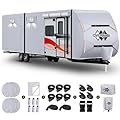OVCRNIBI Upgrade 7 Layers RV Cover 18'-20' FT,Heavy Duty Travel Trailer RV Cover,Waterproof and Snowproof Camper Covers with 6+2 Windproof Straps&4 Tire Covers Abundant Kit -Silver