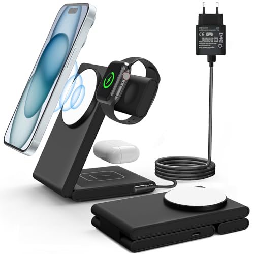 Induktive Ladestation Kompatibel mit Magsafe Ladegerät,3 in 1 Faltbar Ladestation für iPhone 16/15/14/13/12, Wireless Charger für Apple Watch 10/9/8/7/6/5/4/3/2/SE und AirPods 3/2/Pro