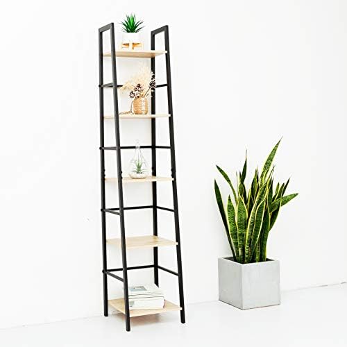 C-Hopetree Ladder Bookcase Bookshelf Storage Shelf Vintage Industrial Plant Display Stand Rack Shelving, Home Office Accent Furniture, Black Metal Frame, 5 Tier Slim