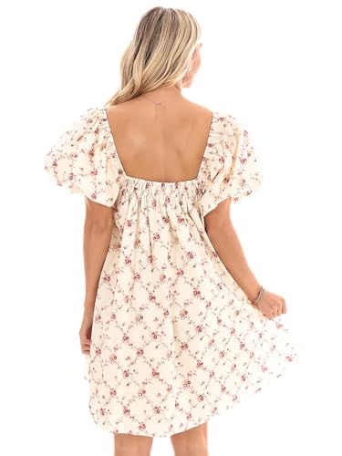 Image of Women Y2k Puff Sleeve Babydoll Dresses Square Neck Tie Back Mini Dress Summer Solid Off Shoulder Flowy Sundress