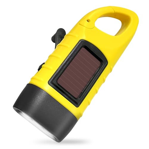 starfa lab Wind Up LED Portable Flashlight Hand Crank, Rechargeable Solar Dynamo Camping Torch Powered Carabiner Energy Flashlight for Climbing Camping Hiking (Yellow)