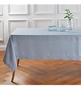 Solino Home Dusty Blue Linen Tablecloth 60 x 108 Inch – Classic Hemstitch, 100% Pure European Fla...