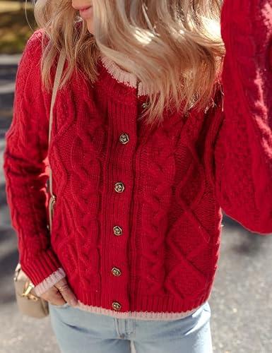 Image of Watashi Long Sleeve Sweater for Women Casual Button Up Colorblock Cable Knit Round Neck Fall Winter Cardigans Coats (US, Alpha, X-Small, Regular, Regular, Red)