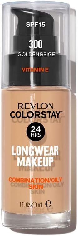 REVLON - ColorStay Base de Maquillaje SPF 15, con Vitamina E, Cobertura Media-Alta, Larga Duración, Acabado Mate, Resistente al Agua, para Piel Mixta-Grasa, Tono 300, Golden Beige - 30 ml