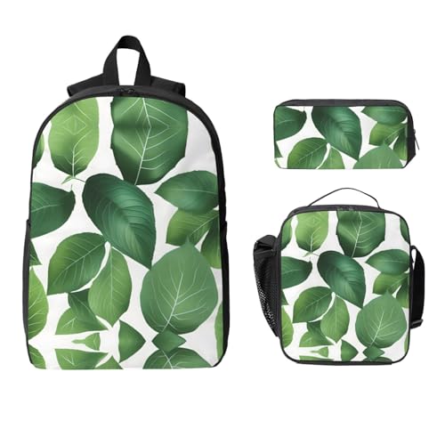 Backpack Set with Lunch Bag & Pencil Case Herb Plant Leaf Print Oxford Fabric Portable Useful Bag Set2