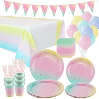 LSJDEER Gold Dot Party Tableware Supplies - Serves 25, Rainbow Pastel Party Decoration Tableware includes Plates, Cups, Napkins, Straws, Banner, Tablecloth