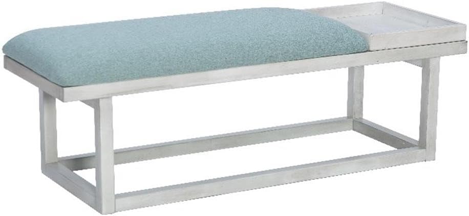 Pemberly Row Wood Upholstered Bench, Aqua Cushion, Removable Storage Tray, Whitewash Finish, 52 in x 17.5 in x 18 in, Modern Coastal Entryway or Bedroom Seating, 300lb Weight Capacity