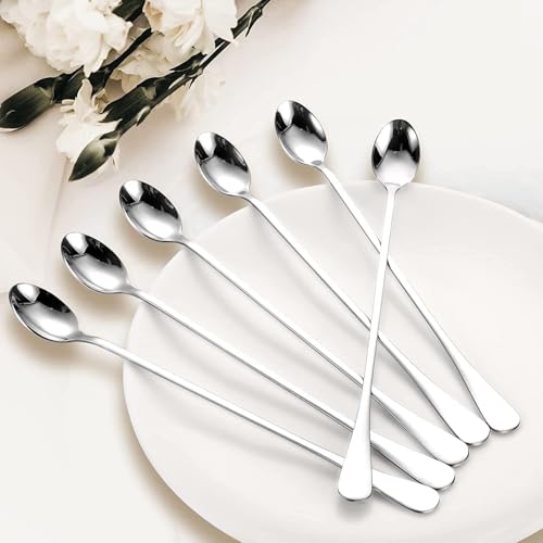 Image of Long Handle Spoon, Long Mixing Stirring Spoon for Iced Tea, Coffee Suitable for Tall Glasses, Cocktail Bar Stainless Steel Long Handle Spoon, Soda Spoon, Milkshake Spoon (6-pcs Long Heavy)