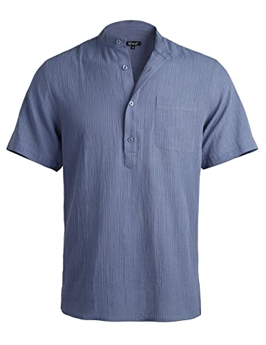 Alizeal Mens Casual Cotton Viscose Henley Shirt Short Sleeve Solid Button-Down Beach Tops With Pocket, Blue-L #TOP15