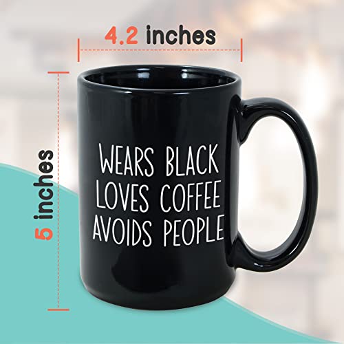 Bubble Hugs Wears Black Loves Coffee Avoid People, Coffee Lovers Mug 15 Oz Funny Sarcasm Sarcastic Saying Gift For Introvert Men Women Adult, Black #TOP3