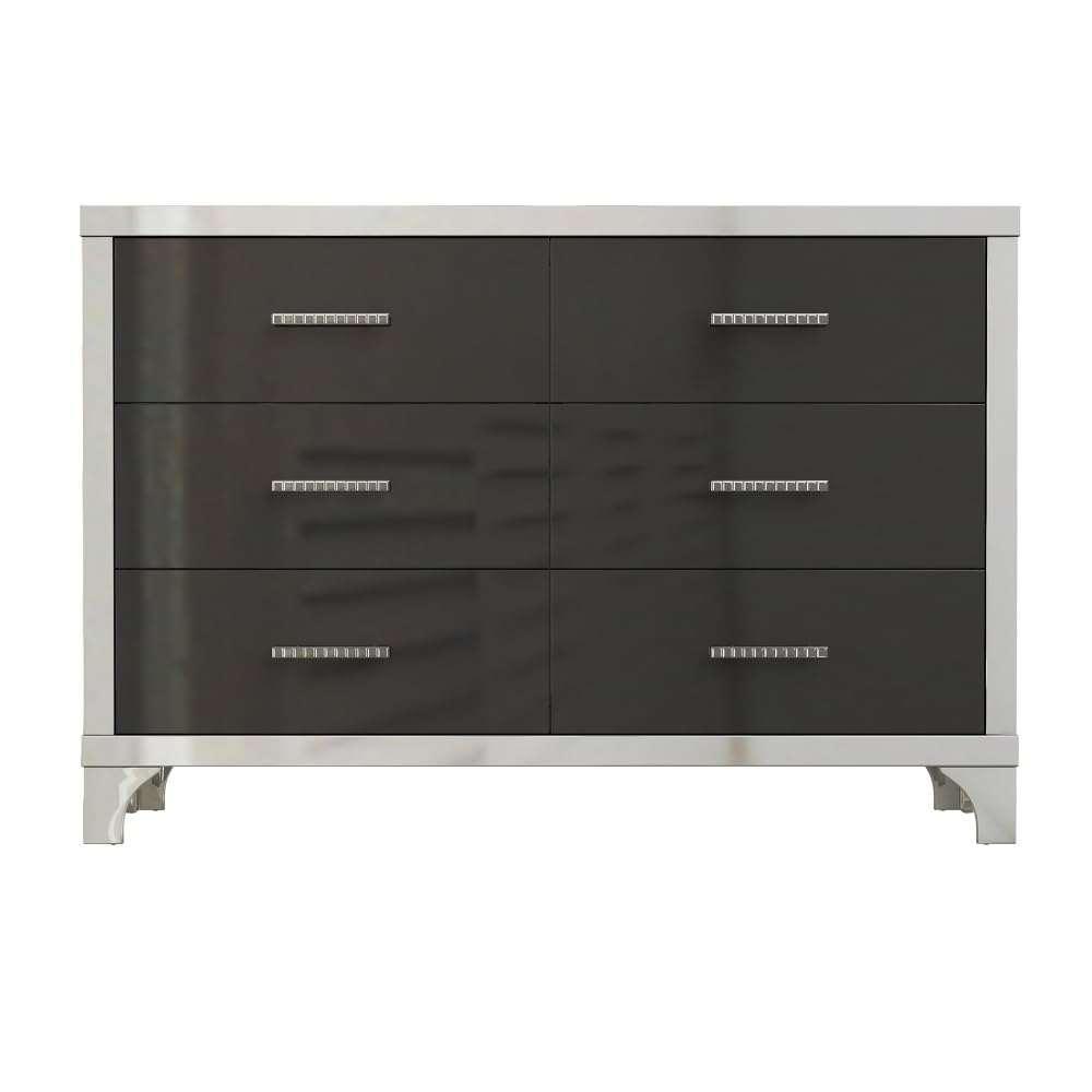 Elegant High Gloss Dresser with Metal Handle,Mirrored Storage Cabinet with 6 Drawers for Bedroom,Living Room,Black (Black + MDF-1)