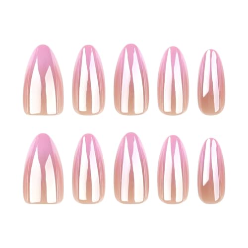 Image of Pink Chrome Press on Nails Ombre Fake Nails Medium Almond False Nails with Design Glossy Full Cover Glue on Nails Artificial Acrylic Stick on Nails for Women Girls Spring Summer Nail Decoration 24Pcs