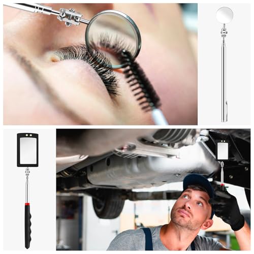 CdbC 4 Pcs Telescoping Mirrors, LED Lighted Inspection Mirror Telescoping, 360 Rotation Mechanic Mirror Extendable, Flexible Telescopic Mirrors Tool for Checking Vehicle Observing Small Parts