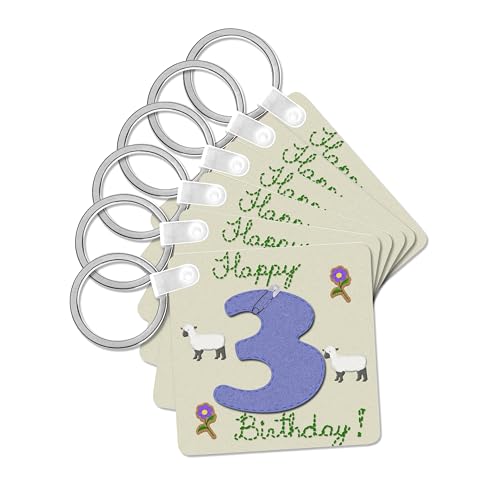 3dRose, Happy third birthday. Digital scrapbook design for boys features a blue felt looking number three, set of 6 Key Chains