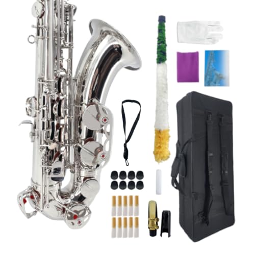 Image of Tenor Saxophone Complete Kit w /Case, Mouthpiece, 10pc Reeds, Professional B Flat Tenor sax, Gold Brass Lacquer, Rich, Warm Tone for Jazz & Classical, Ideal for Students to Pros(Silver)