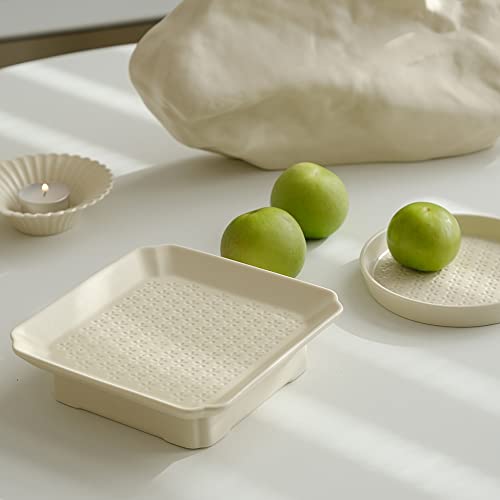 Wenshuo Cherry Blossom Decorative Ceramic Dessert Plate, Pedestal Square Tray, Matte Crème #TOP2