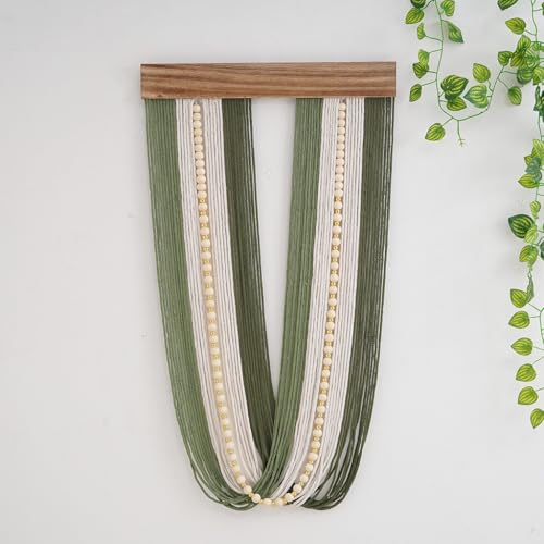 [GUKULYLY] Modern Macrame Wall Hanging - Green and White Stripes,