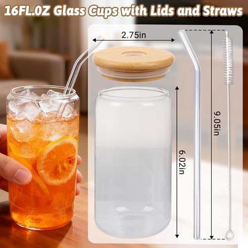 Alotpower Borosilicate Glass Cups with Lids and Straws, 16 oz Reusable Tumbler Set (6-Pack) Includes Bamboo Lids, Glass Straws & Brush for Iced Coffee, Bubble Tea, Cold Beer, Juice by Alotpower - Image 2