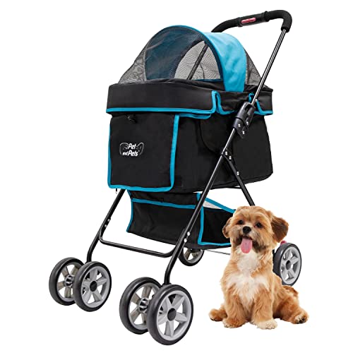 Swift Pet Stroller - Teal: Zipperless, Quality Mesh Windows, Pee Pad Insert, Double Rear Brakes, Rotating Front Wheels, Lightweight, Two-Way Canopy, for Small Dogs/Cats, Supports Pets up to 45LBS