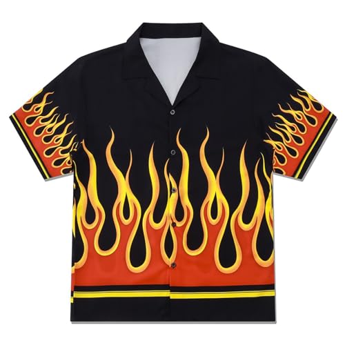 YEMOCILE Oversized Flame Button Up Shirt for Men Women Short Sleeve Party Cosplay Shirts Holiday Summer Graphic Tees