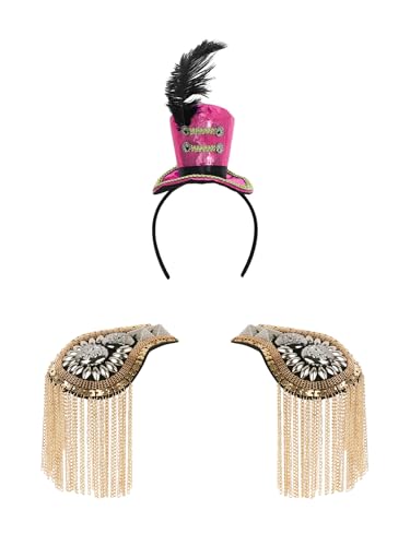 JEATHA Majorette Hat Toy Soldier Feather Headband and Tassel Epaulettes for Halloween Themed Party Gold Rose Red One Size