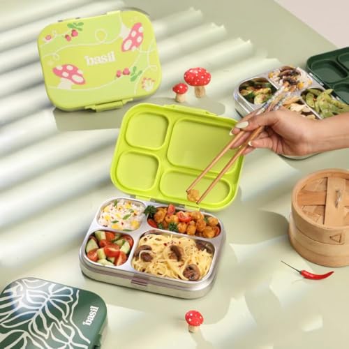 Image of Basil Bento Box Quad - 4 Compartment Stainless Steel Lunch Box with BPA-Free Plastic Lid | 800 ml Leak-Proof Tiffin Box for Kids & Adults | Premium School, Office, Lunch Box - Mushroom Trail