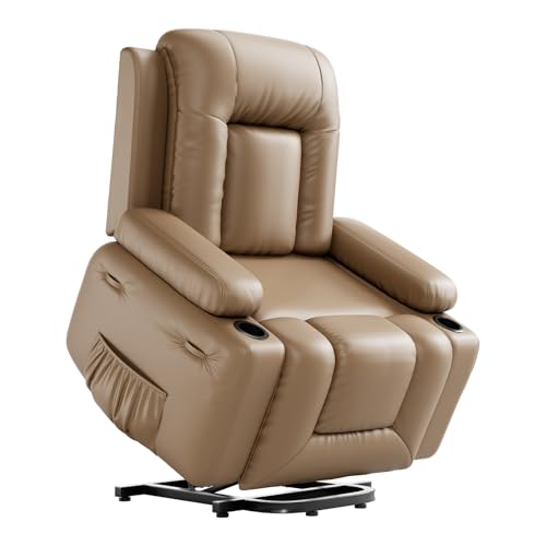 GarveeHome Swivel Rocking Recliner Chair, PU Leather Reclining Nursery Rockers with Heat & Massage, 360° Round Base Rocker Recliner Chair with Pull Handle, Silla Mecedora, Vintage Dual-Tone
