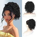 QGZ Curly Ponytail Extension,Drawstring Ponytail for Black Women 10 Inch Synthetic Short Hair Two Styles in One Versatile Pony Tails(Black)