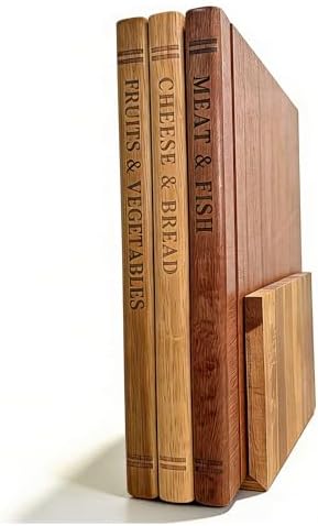 Acacia Wooden Book Cutting Board Set of 3 with Stand, Kitchen Chopping Board That Look like Books Double-Sided