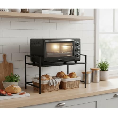 Image of RIZIK STORE Metal Adjustable Microwave Oven Stand for Kitchen Platform | 2-Tier Microwave & OTG Stand | Heavy Duty Organizer Rack | Powder Coated | Black | CRC Steel