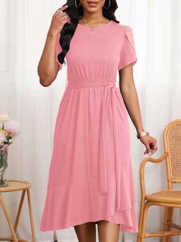 Image of PerZeal Women's Summer Dress Casual Ruffle Sleeve Crewneck A-Line Tiered Flowy Short Sleeve Long Dress with Belt