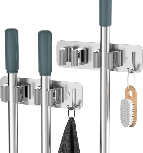 Image of JD FRESH 2 Slot & 1 Hook Stainless Steel Mop & Broom Holder Wall Mount /No Drill Sticky Anti Slip Waterproof Self Adhesive Broom Hanger Stand Organizer for Kitchen, Garden, Office, Garage (Silver)