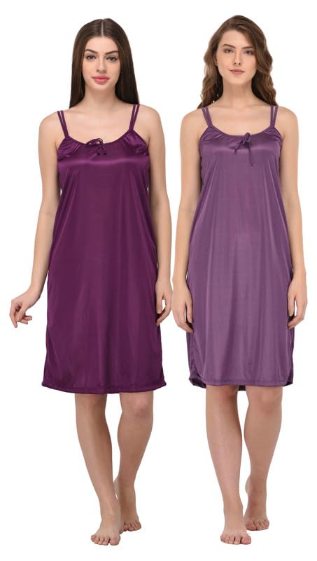Image of You Forever Women Sexy Satin Striped Solid Above Knee Length Nighty, Loungewear, Nightwear, Sleepwear, Home Wear Short Nighty for Women Pack of 2