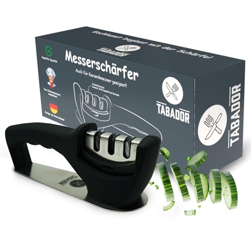 TABADOR Profi-Messerschärfer | 3-Stufen Messerschleifer mit Edelstahlfuß, Diamant, Wolframstahl & Keramik Schärfstufen zum Messer-schärfen | Messerschärfer-Profi für alle Küchenmesser