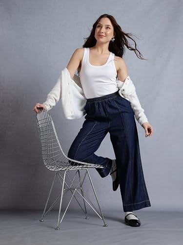 Image of INKD Women's Wide Leg Jeans- 100% Cotton | Mid-Rise | Elasticated Waistband | Pintuck Details | Comfort Fit | Palazzo Pants for Women | Lightweight Denim for Summers (Available in Plus Sizes)