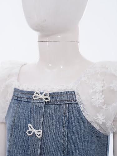YiZYiF Kids Girls Summer Denim Dress Square Neck Lace School Outfits Pearl Decorated Casual Playwear4
