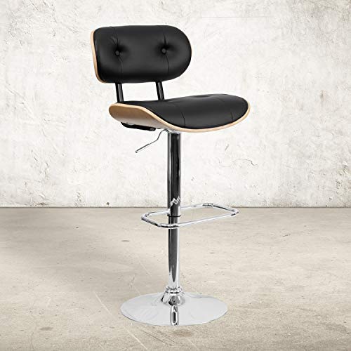 Flash Furniture Beech Bentwood Adjustable Height Barstool with Button Tufted Black Vinyl Seat