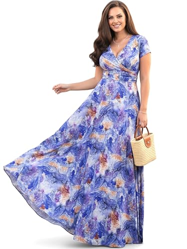 Image of KOH KOH Womens Long Cap Sleeve Floral Print V-Neck Summer Flowy Maxi Dress