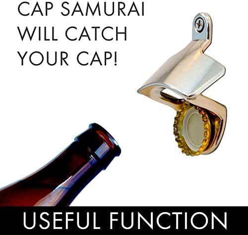 Cap Samurai Metal Beer Bottle Opener Wall Mounted with Magnetic Cap Catcher - Stainless Steel Finish for Indoor or Outdoor Use