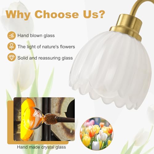 Image of Bathroom Light Fixtures (3-Light, 20 Inch), Brushed Gold Vanity Lights for Bathroom with Ribbed Milk Tulip Glass Shade, Vintage Vanity Wall Lights for Mirror Bedroom Living Room Hallway