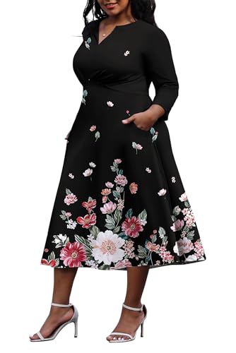 Image of Nmoder Women's Plus Size Stretchy Flared Wrap Dress Casual Wedding Guest Midi Dresses V Neck 3 /4 Sleeve A-Line Swing Dress