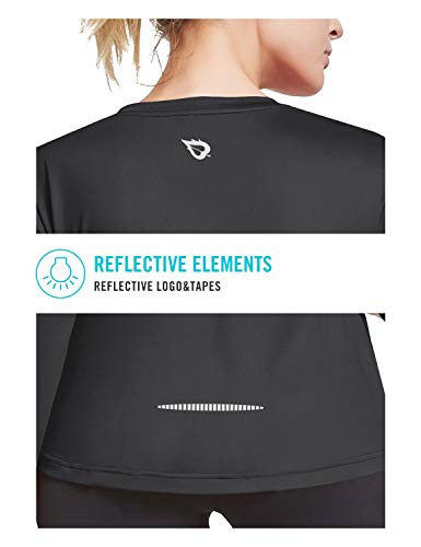 BALEAF Women's Dri Fit Running Long Sleeve Shirts V Neck Cool Workout Yoga Exercise Tops Black S