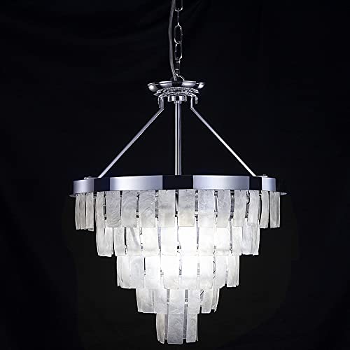Tochic Kronleuchter modern Muschellampe Perlmutt Lampe Pendelleuchte Esstisch 5-Licht Ø43cm Capiz Deckenleuchte Hängend Hängeleuchte Vintage Lüster Wohnzimmer Deckenlampe Hängelampe retro Silber Cover