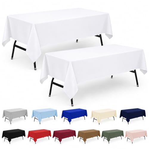 Image of 2-Pack 60x102 inch White Table Cloths, Solid Stain and Wrinkle Resistant Oblong Tablecloth, Premium Plain Weave Polyester Fabric Rectangle Table Linen Covers for Hotel, Wedding
