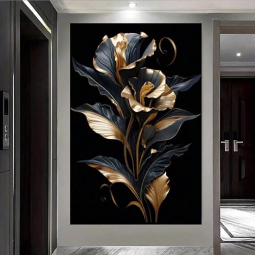 Tableau floral moderne noir et doré 30x45 cm avec cadre pour salon