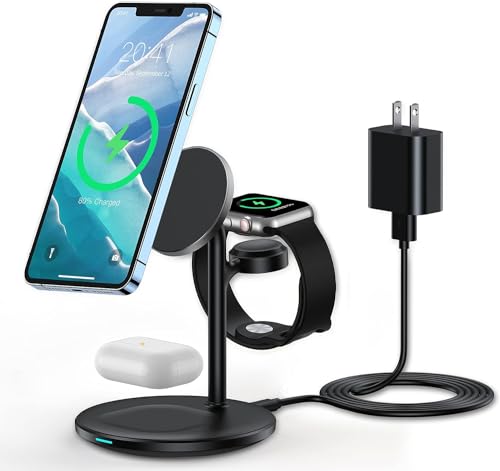 Image of XooFly 3 in 1 Wireless Charging Station for Apple Devices, Fast Wireless Mag-Safe Charger Stand with 20W Adapter for iPhone 17 /16 15 14 13 12 Pro Max /Pro /Plus /Air /Mini, iWatch, AirPods (Black)