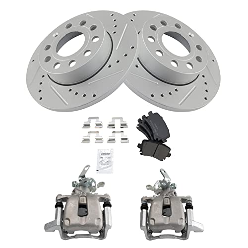 Image of TRQ Performance Rear Brake Pad and Rotor Set Semi Metallic Solid G Coated Rotors Calipers Compatible with 2010 Volkswagen Golf 2005-2010 Jetta 2006-2009 Rabbit