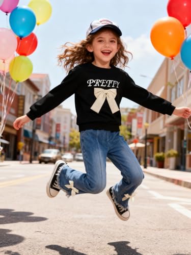 Image of Kids Toddler Girl Long Sleeve Bow Sweatshirt & Denim Straight Leg Jeans Pants Fall Winter Outfits Set