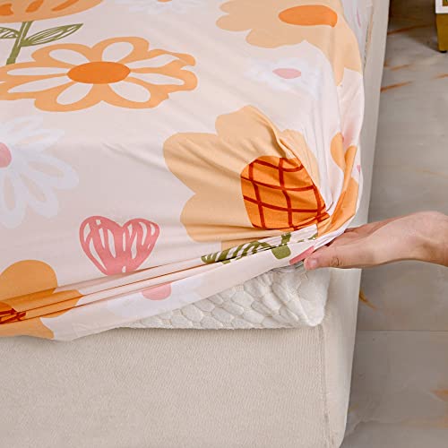 Kwlover Soft Bed Fitted Sheet And Pillowcases Set,Orange Flower Printed Bed Sheets For Kids (Multicolor, Twin) #TOP5